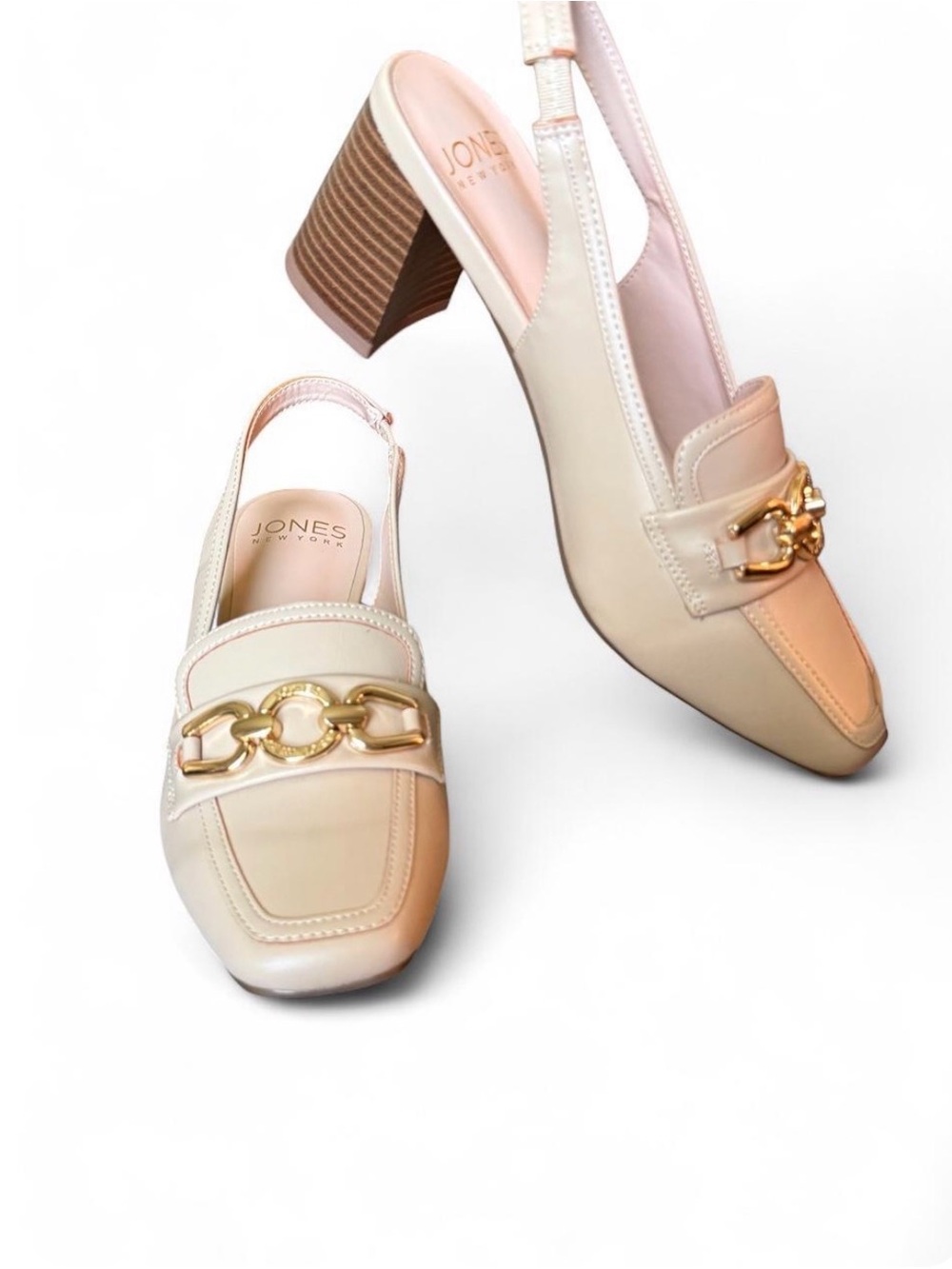 Jones New York Cream Slingback Mules with Gold Chain